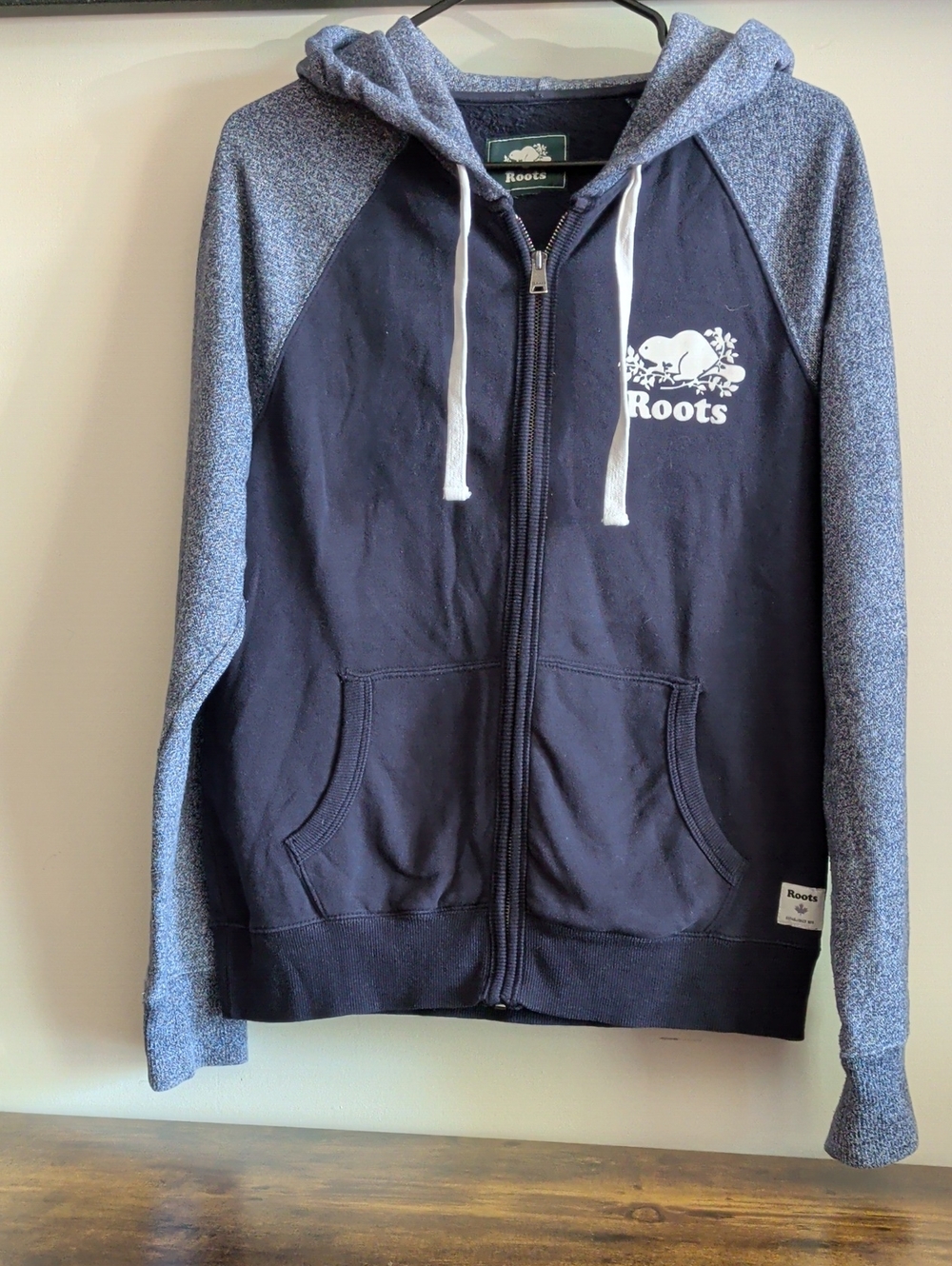 Roots Navy Zip-Up Hoodie with Heathered Blue Sleeves